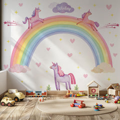 Rainbow Unicorn Wall Decal – Pastel Boho Nursery Mural for Kids Room Decor
