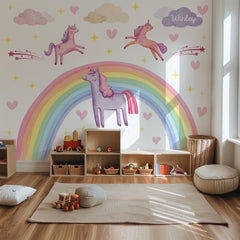 Rainbow Unicorn Wall Decal – Pastel Boho Nursery Mural for Kids Room Decor