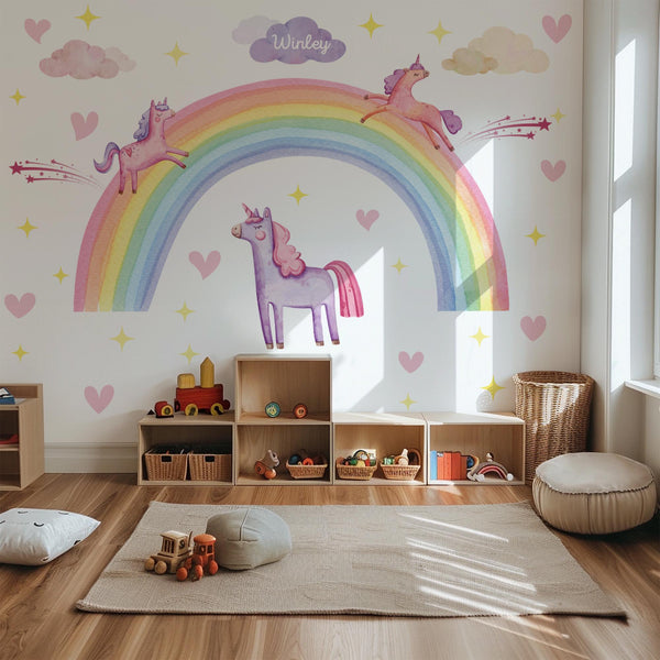Rainbow Unicorn Wall Decal – Pastel Boho Nursery Mural for Kids Room Decor