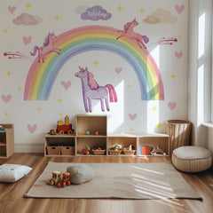 Rainbow Unicorn Wall Decal – Pastel Boho Nursery Mural for Kids Room Decor