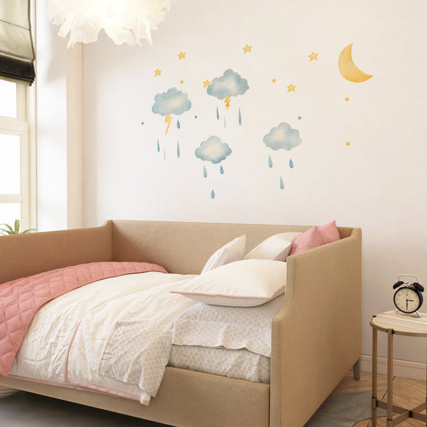 Rainy Night Wall Decal, Modern Nursery Decor, Removable Wall Decal, Watercolor Wall Art, Modern Kids Room Decal, Modern Baby Room Decor