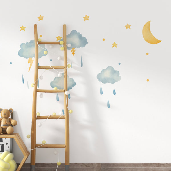 Rainy Night Wall Decal, Modern Nursery Decor, Removable Wall Decal, Watercolor Wall Art, Modern Kids Room Decal, Modern Baby Room Decor