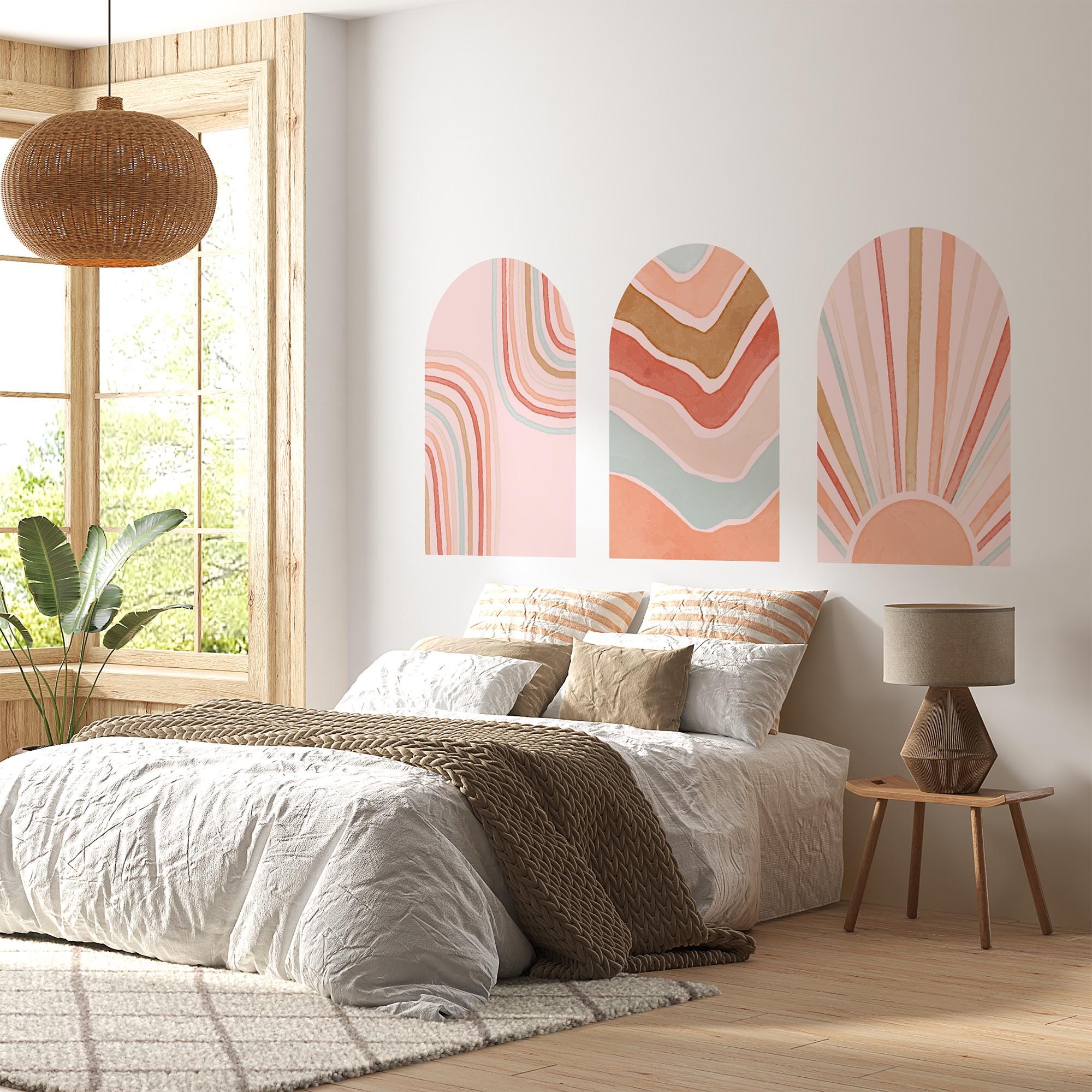 Retro Boho Arch Wall Decal Set – Peach, Terracotta & Blush Waves and Sun Mural