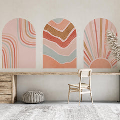 Retro Boho Arch Wall Decal Set – Peach, Terracotta & Blush Waves and Sun Mural
