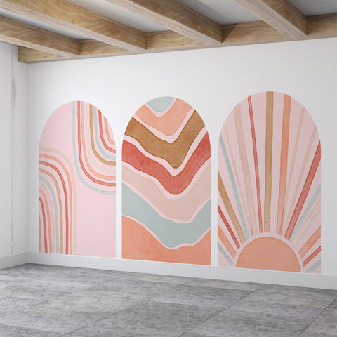 Retro Boho Arch Wall Decal Set – Peach, Terracotta & Blush Waves and Sun Mural