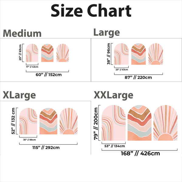 Retro Boho Arch Wall Decal Set – Peach, Terracotta & Blush Waves and Sun Mural