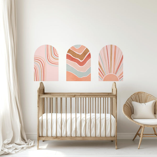 Retro Boho Arch Wall Decal Set – Peach, Terracotta & Blush Waves and Sun Mural
