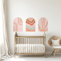 Retro Boho Arch Wall Decal Set – Peach, Terracotta & Blush Waves and Sun Mural