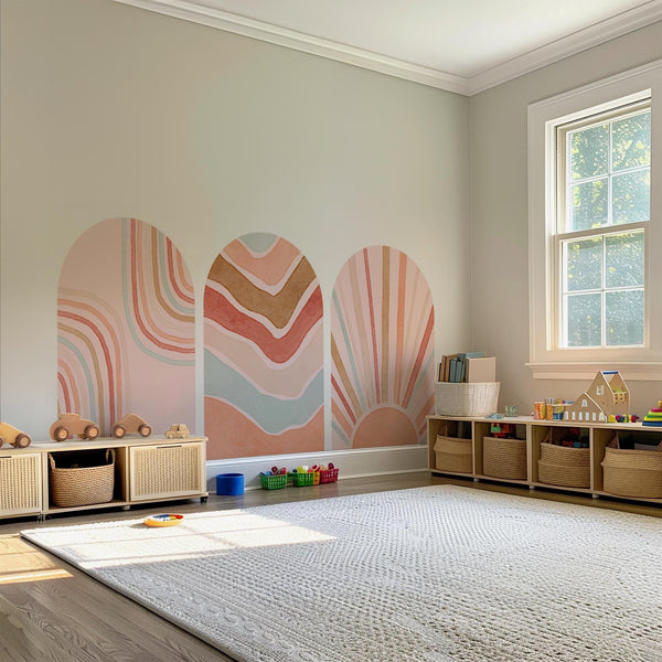 Retro Boho Arch Wall Decal Set – Peach, Terracotta & Blush Waves and Sun Mural