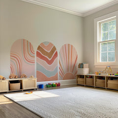 Retro Boho Arch Wall Decal Set – Peach, Terracotta & Blush Waves and Sun Mural