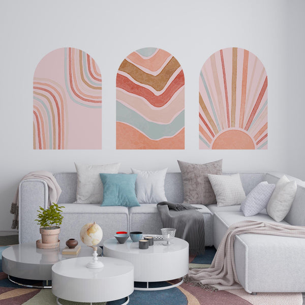 Retro Boho Arch Wall Decal Set – Peach, Terracotta & Blush Waves and Sun Mural