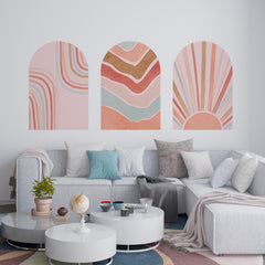 Retro Boho Arch Wall Decal Set – Peach, Terracotta & Blush Waves and Sun Mural