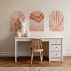 Retro Boho Arch Wall Decal Set – Peach, Terracotta & Blush Waves and Sun Mural