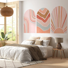 Retro Boho Arch Wall Decal Set – Peach, Terracotta & Blush Waves and Sun Mural
