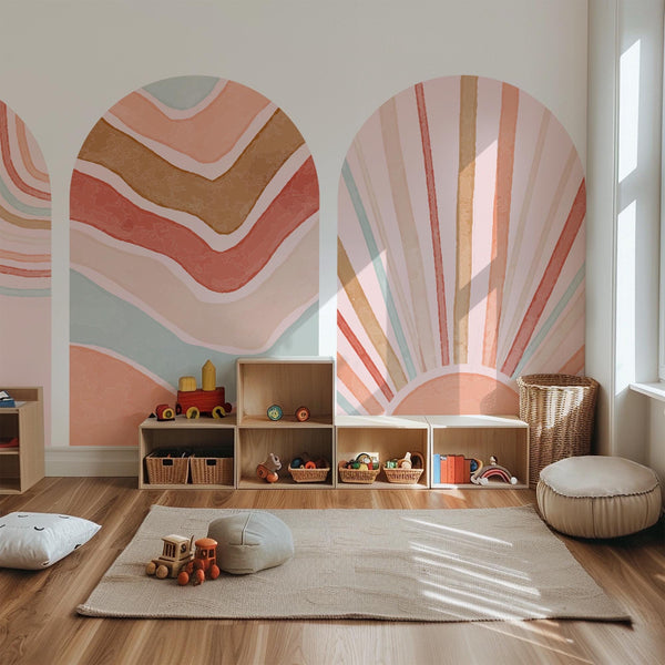 Retro Boho Arch Wall Decal Set – Peach, Terracotta & Blush Waves and Sun Mural