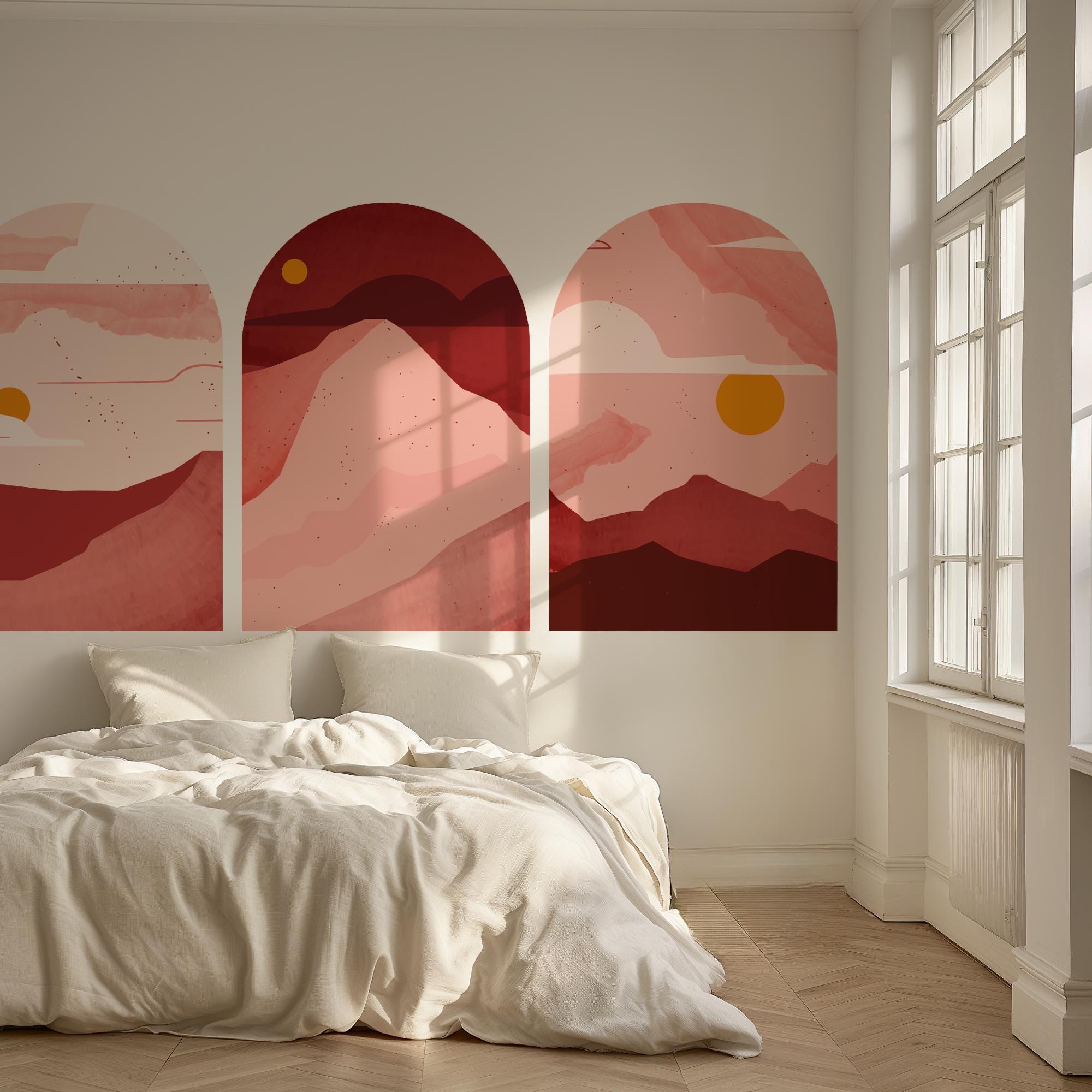 Rose Sunset Arch Wall Decal Set – Blush & Crimson Mountain Landscape Mural