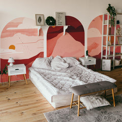 Rose Sunset Arch Wall Decal Set – Blush & Crimson Mountain Landscape Mural