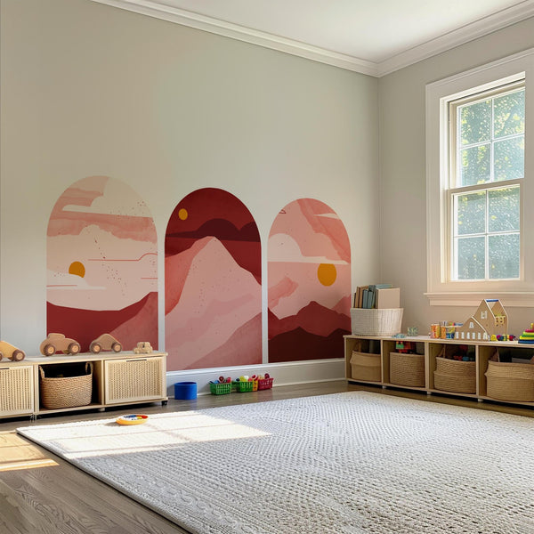 Rose Sunset Arch Wall Decal Set – Blush & Crimson Mountain Landscape Mural