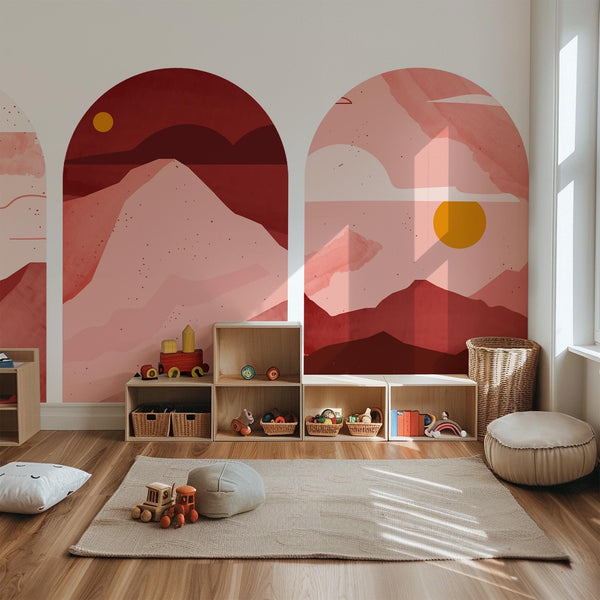 Rose Sunset Arch Wall Decal Set – Blush & Crimson Mountain Landscape Mural