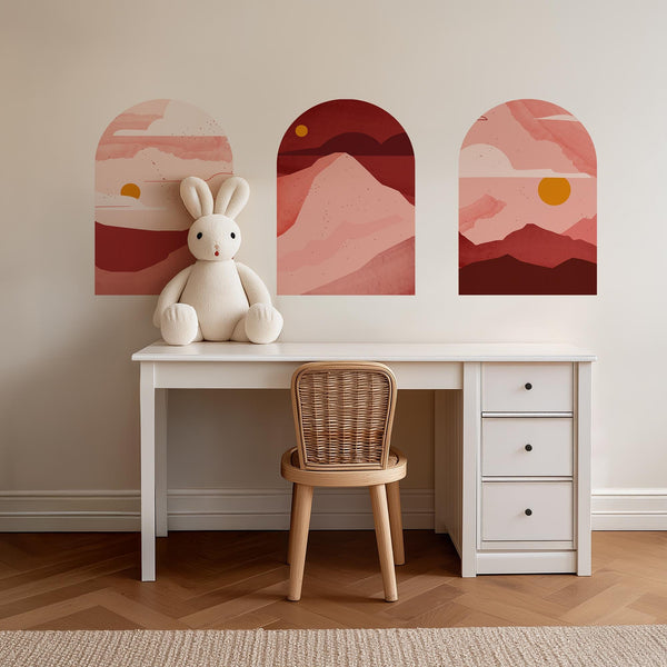 Rose Sunset Arch Wall Decal Set – Blush & Crimson Mountain Landscape Mural