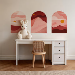 Rose Sunset Arch Wall Decal Set – Blush & Crimson Mountain Landscape Mural