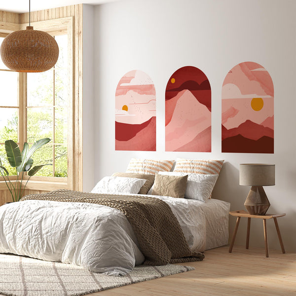 Rose Sunset Arch Wall Decal Set – Blush & Crimson Mountain Landscape Mural