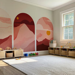 Rose Sunset Arch Wall Decal Set – Blush & Crimson Mountain Landscape Mural