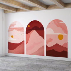 Rose Sunset Arch Wall Decal Set – Blush & Crimson Mountain Landscape Mural