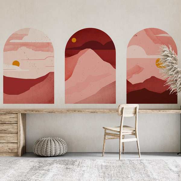 Rose Sunset Arch Wall Decal Set – Blush & Crimson Mountain Landscape Mural