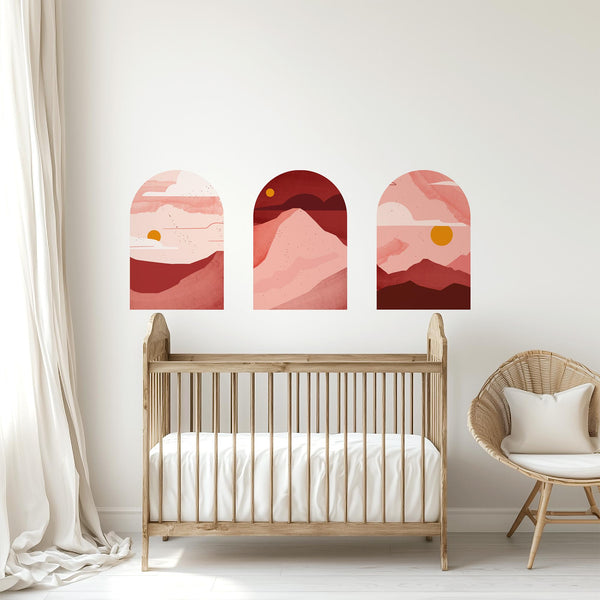 Rose Sunset Arch Wall Decal Set – Blush & Crimson Mountain Landscape Mural