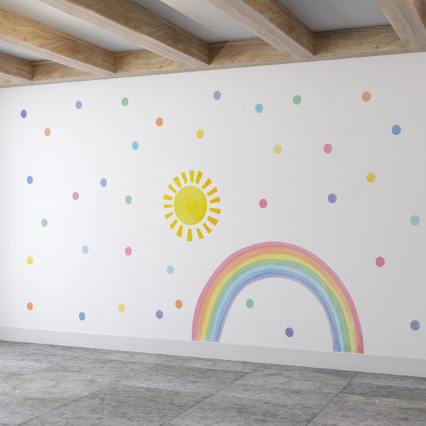 Watercolor Rainbow, Sun, Polka Dots Wall Decal