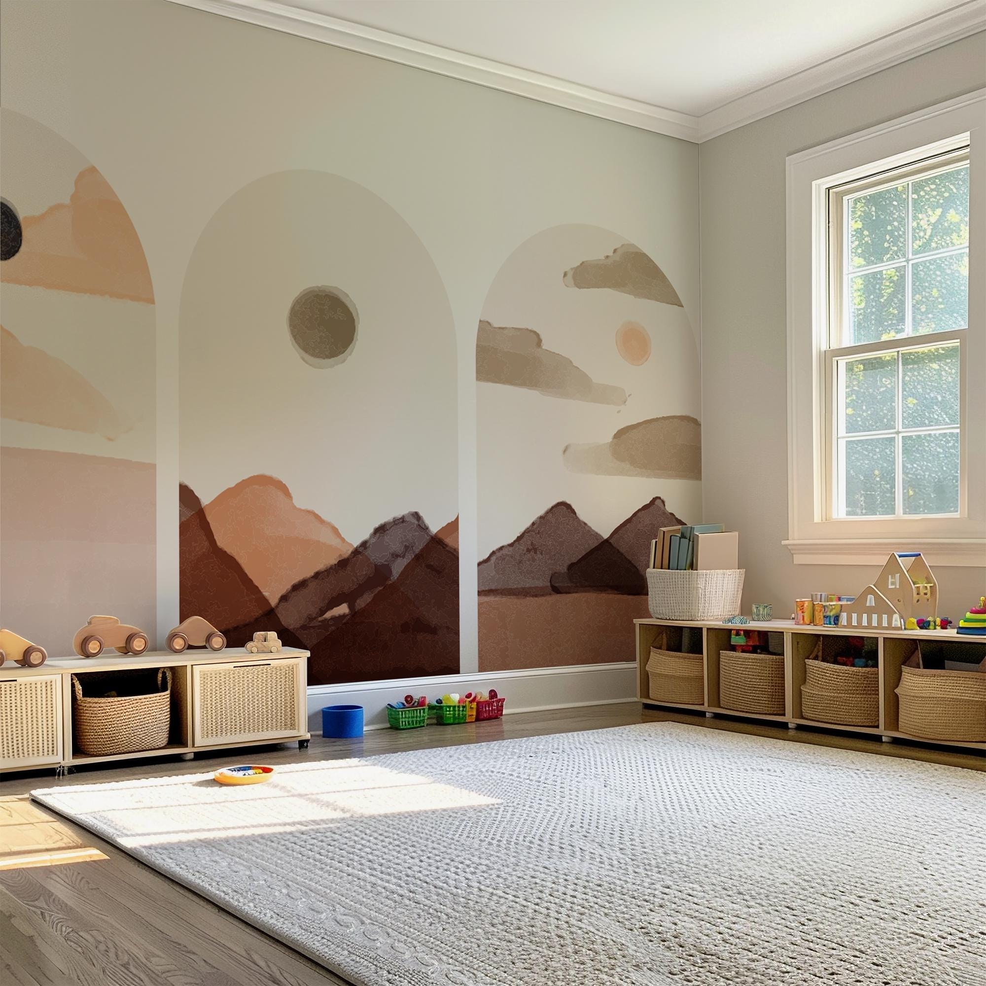 Soft Earth Arch Wall Decal Set – Neutral Sun & Mountain Landscape Mural