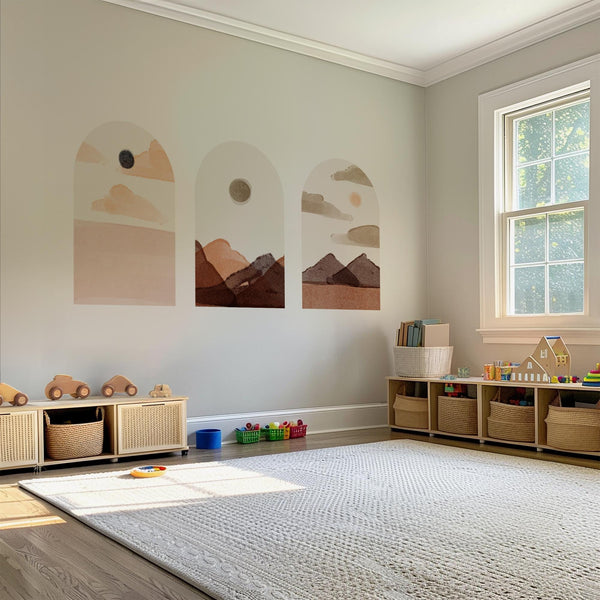 Soft Earth Arch Wall Decal Set – Neutral Sun & Mountain Landscape Mural