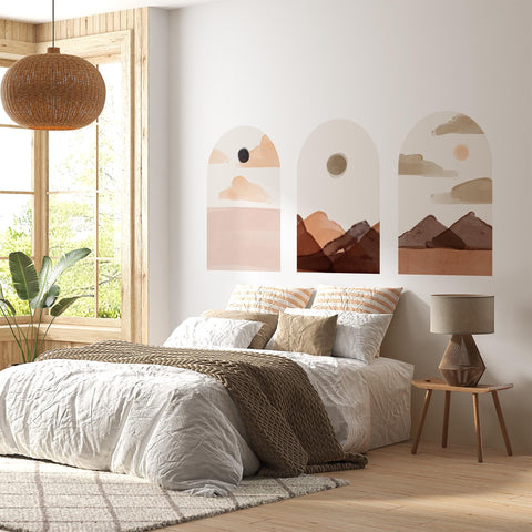 Soft Earth Arch Wall Decal Set – Neutral Sun & Mountain Landscape Mural
