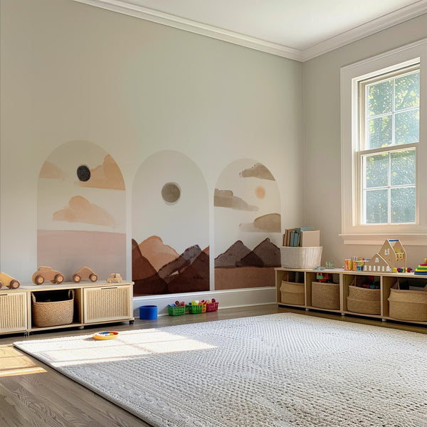 Soft Earth Arch Wall Decal Set – Neutral Sun & Mountain Landscape Mural