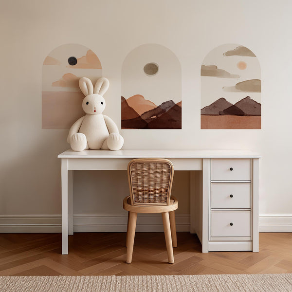 Soft Earth Arch Wall Decal Set – Neutral Sun & Mountain Landscape Mural