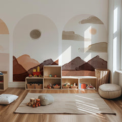 Soft Earth Arch Wall Decal Set – Neutral Sun & Mountain Landscape Mural