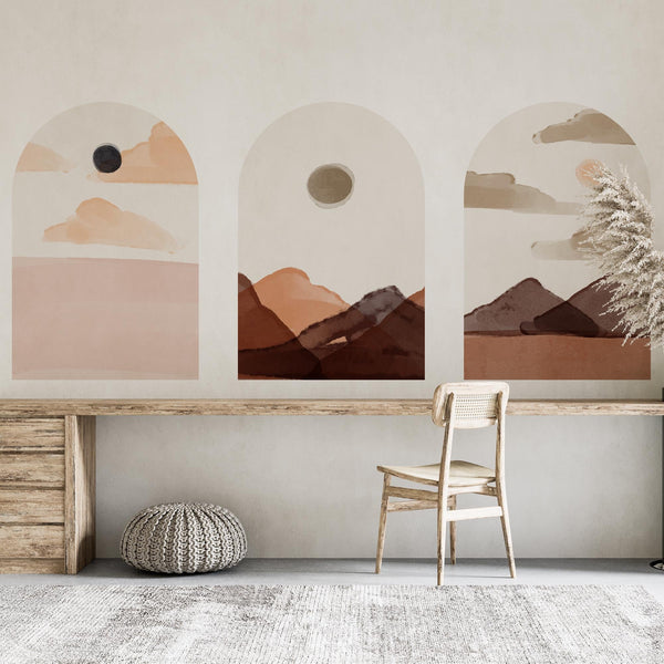 Soft Earth Arch Wall Decal Set – Neutral Sun & Mountain Landscape Mural