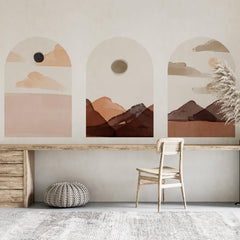 Soft Earth Arch Wall Decal Set – Neutral Sun & Mountain Landscape Mural