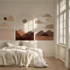 Soft Earth Arch Wall Decal Set – Neutral Sun & Mountain Landscape Mural