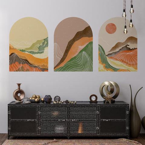 Sun Set Wall Decal, Removable Wall Decal, Boho Wall Decal, 3 Of Set Mid Century Decal, Contemporary Sticker, Terracotta Wall Sticker,