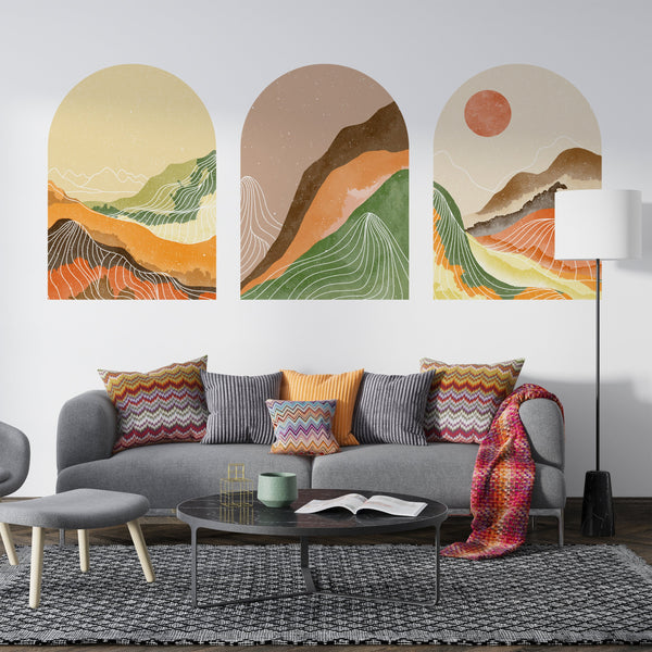 Sun Set Wall Decal, Removable Wall Decal, Boho Wall Decal, 3 Of Set Mid Century Decal, Contemporary Sticker, Terracotta Wall Sticker,