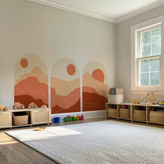 Sunset Arch Wall Decal Set - Sun and Mountain Wall Mural in Soft Red Tones