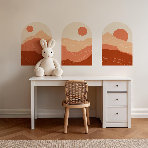 Sunset Arch Wall Decal Set - Sun and Mountain Wall Mural in Soft Red Tones
