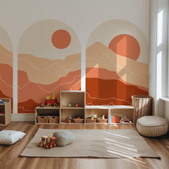 Sunset Arch Wall Decal Set - Sun and Mountain Wall Mural in Soft Red Tones