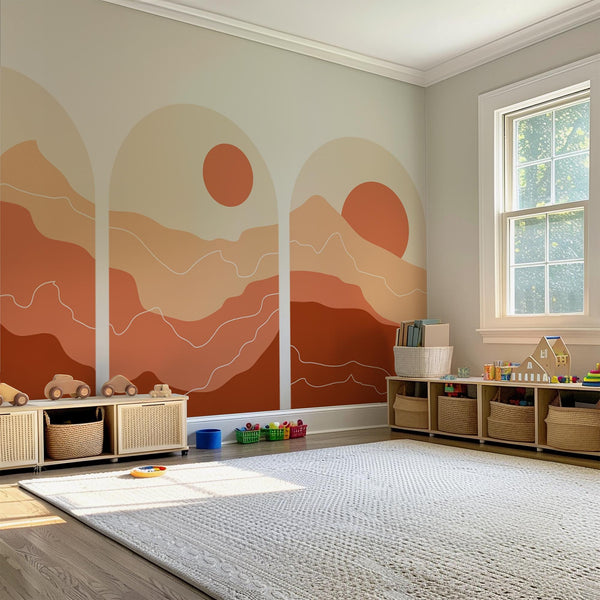 Sunset Arch Wall Decal Set - Sun and Mountain Wall Mural in Soft Red Tones