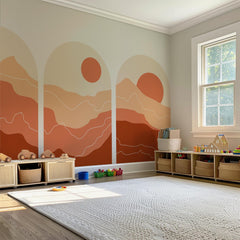 Sunset Arch Wall Decal Set - Sun and Mountain Wall Mural in Soft Red Tones