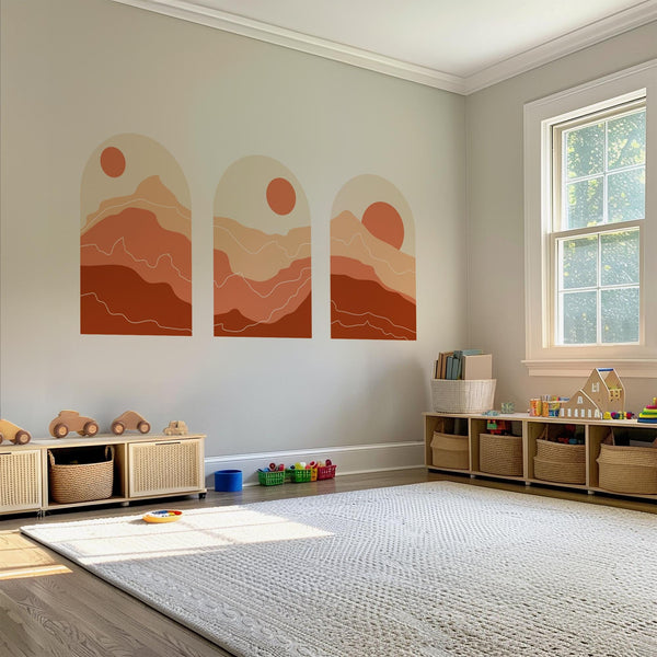 Sunset Arch Wall Decal Set - Sun and Mountain Wall Mural in Soft Red Tones