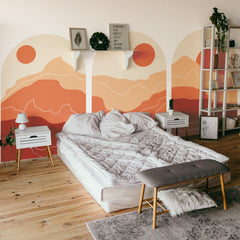 Sunset Arch Wall Decal Set - Sun and Mountain Wall Mural in Soft Red Tones