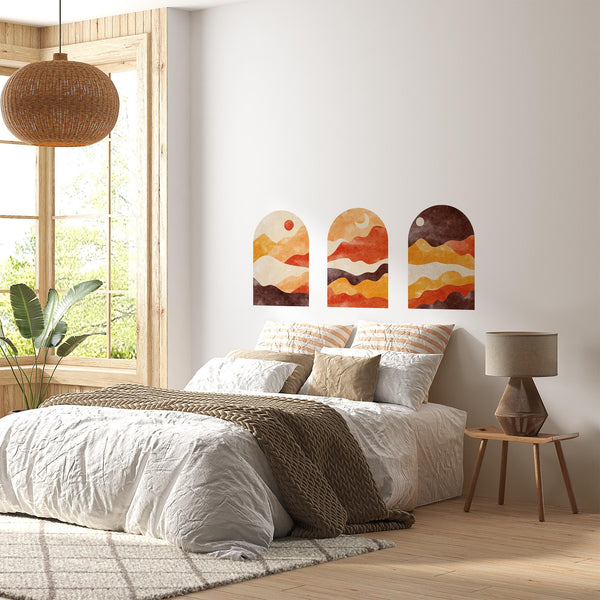 Sunset Arch Wall Decal Set – Warm Terracotta & Amber Mountain Landscape Mural